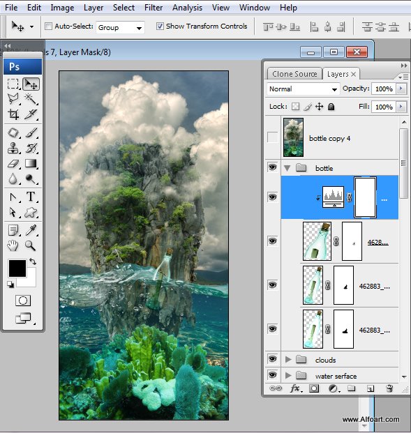 Message in a Bottle, bottle splashing in waves, Rough Water Surface, copy space, james bond island, close up of water wave, bubbles, tropic landscape, sea, ocean corals, seascape photomanipulation.
